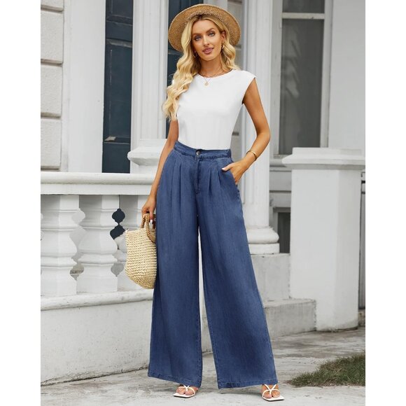 Wide Leg Pants Women Tencel High Waisted Palazzo Summer Beach Flowy - Picture 4 of 7